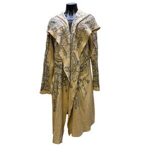 Biya Johnny Was Hooded Cardigan Tan With Blue Embroidery Open Front XL